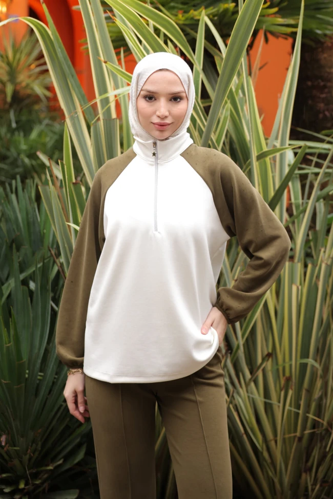 Açık Haki Fermuarlı Garnili Sweat  Pantolonlu Takım