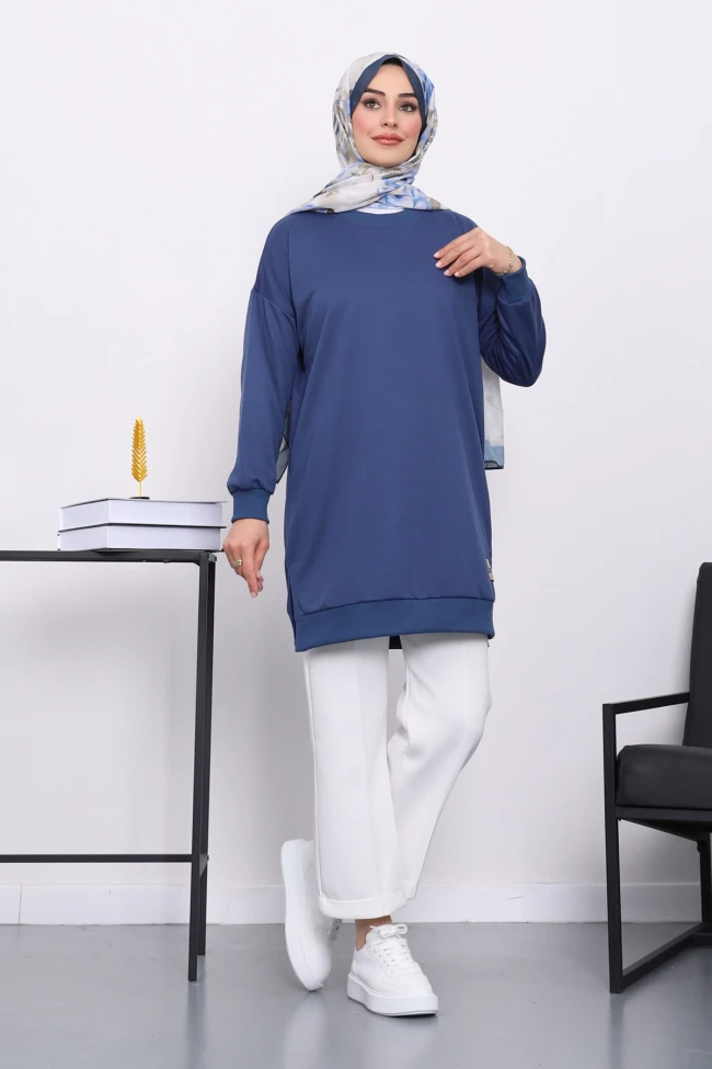 Açık Lacivert Bisiklet Yaka Armalı Tunik