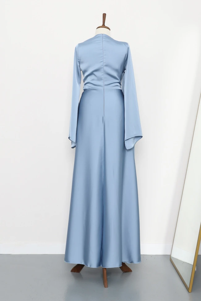 Bebe Mavi Önü Pelerinli Drapeli Saten Abiye