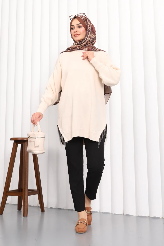 Bej Balon Kol Yan Detaylı Triko Tunik