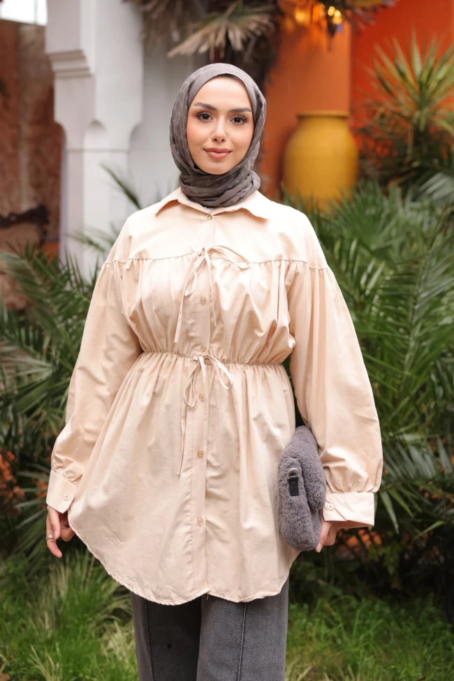 Bej Bel Lastikli Düğmeli Tunik