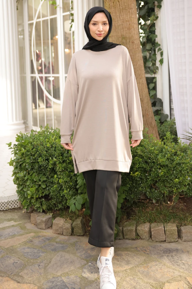 Bej Bisiklet Yaka Modal Tunik