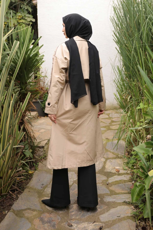 Bej Kruvaze Yaka Astarlı Trençkot