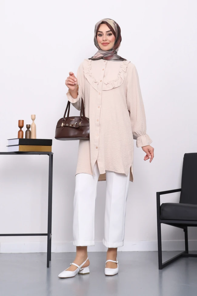 Bej Önü Fırfırlı Ayrobin Tunik