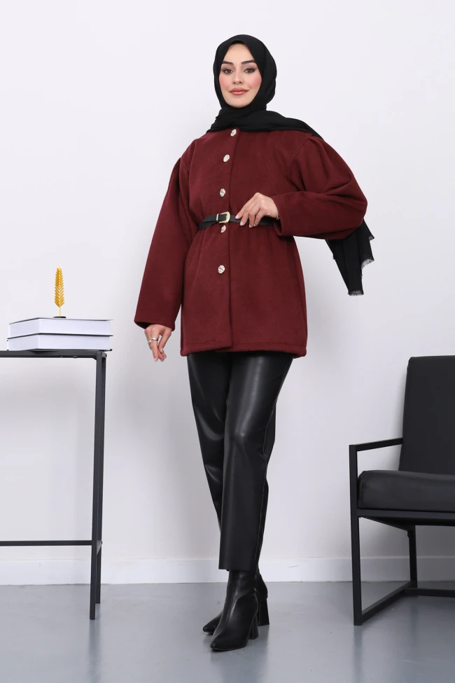 Bordo Bel Lastikli Kemerli Kaşe Çeket