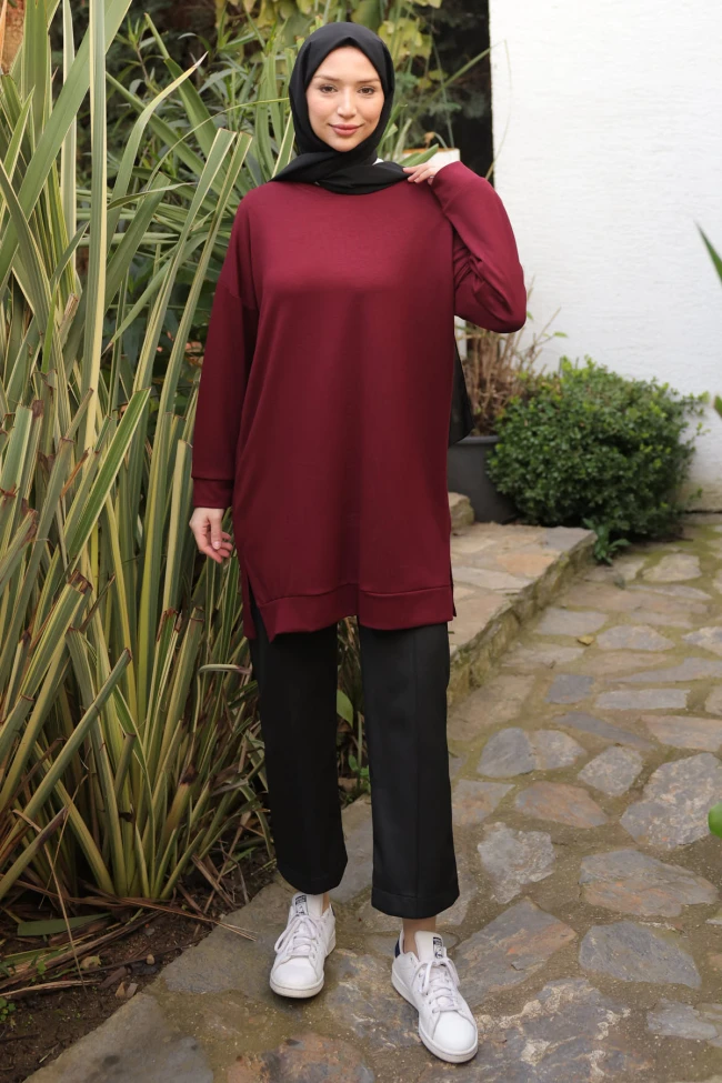 Bordo Bisiklet Yaka Modal Tunik