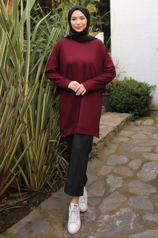 Bordo Bisiklet Yaka Modal Tunik