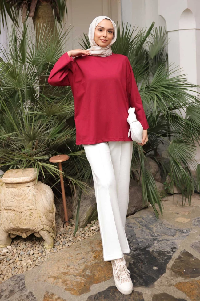 Bordo Bisiklet Yaka Oversize Kol İnce Penye Sweat