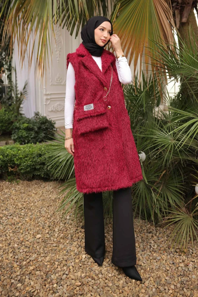 Bordo Çanta Hadiyeli Angora Pelüş Kürk Yelek