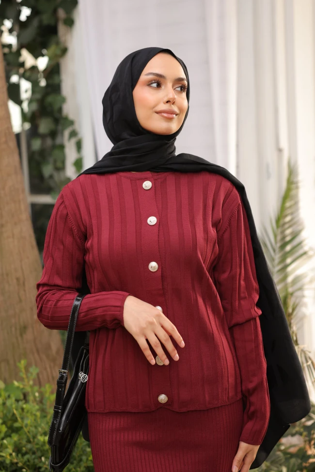 Bordo Crop Hırka Triko Elbise İkili Kombin