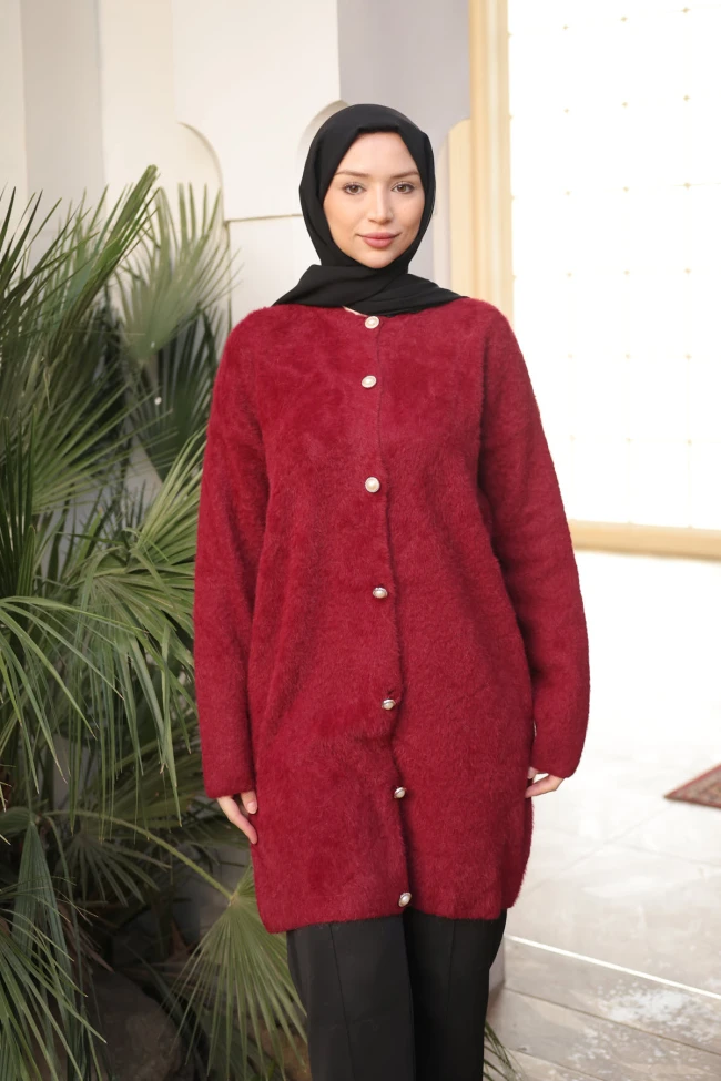 Bordo Düğmeli Angora Yumoş Triko Hırka