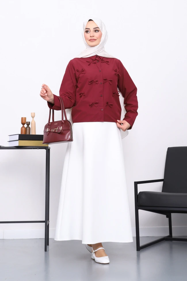 Bordo Fiyonklu Ön Düğmeli Gömlek