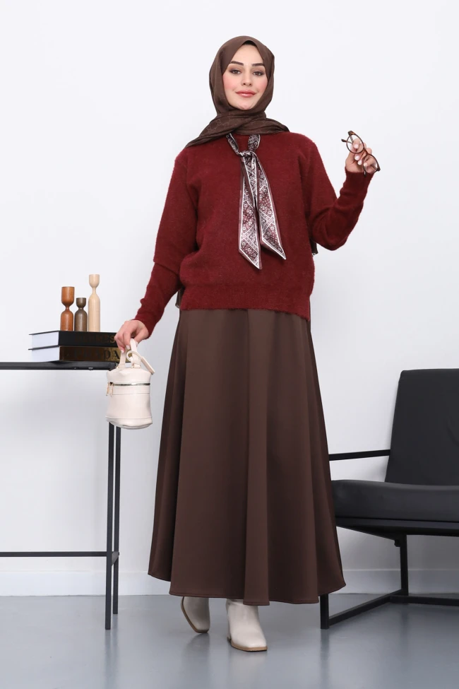 Bordo Fular Detaylı Angora Yumoş Kazak