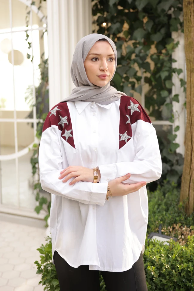 Bordo Garnili Taş Detaylı Gömlek