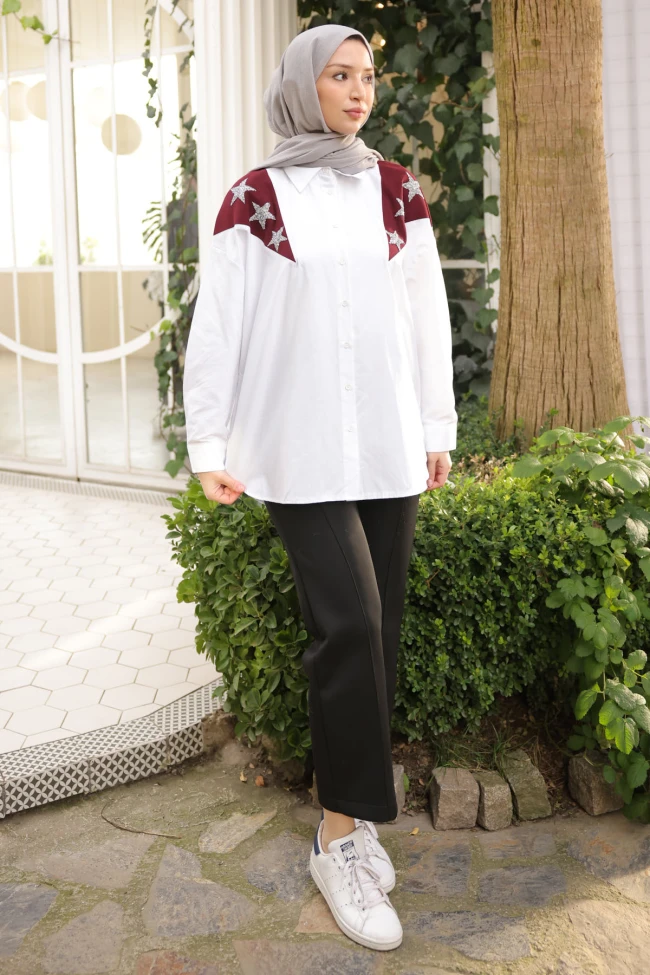 Bordo Garnili Taş Detaylı Gömlek