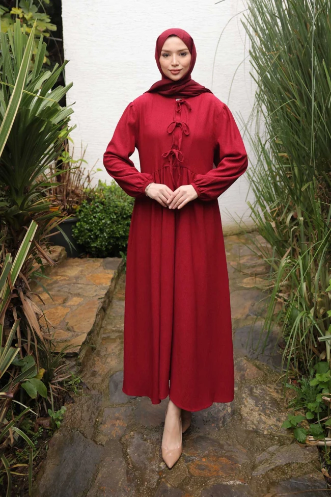 Bordo Kol Lastikli Yaka Bağlamalı Bürümcük Elbise