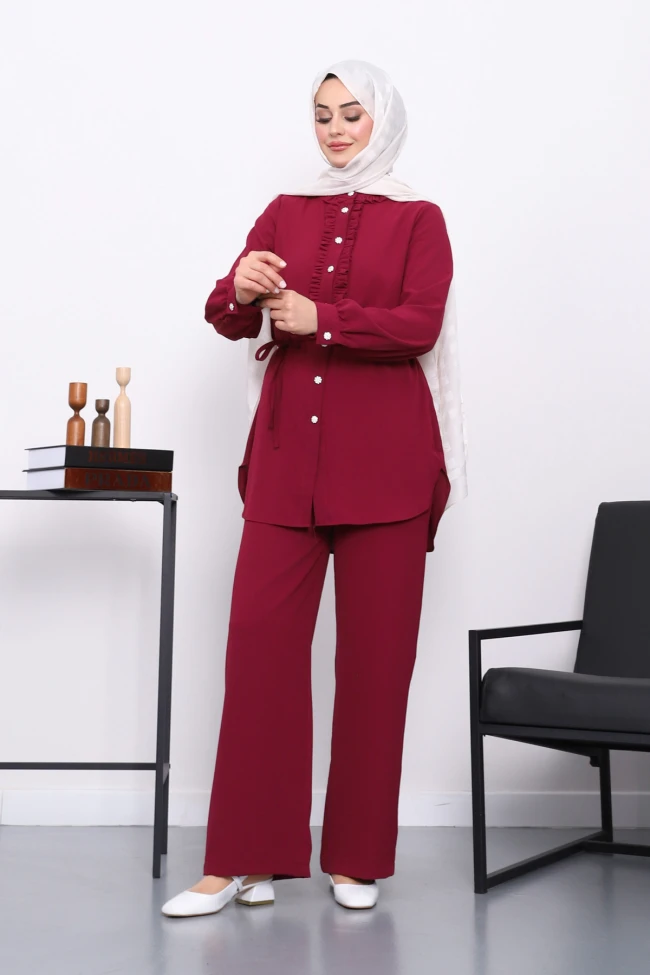 Bordo Önü Fırfırlı Tunik Pantolonlu Linda Takım