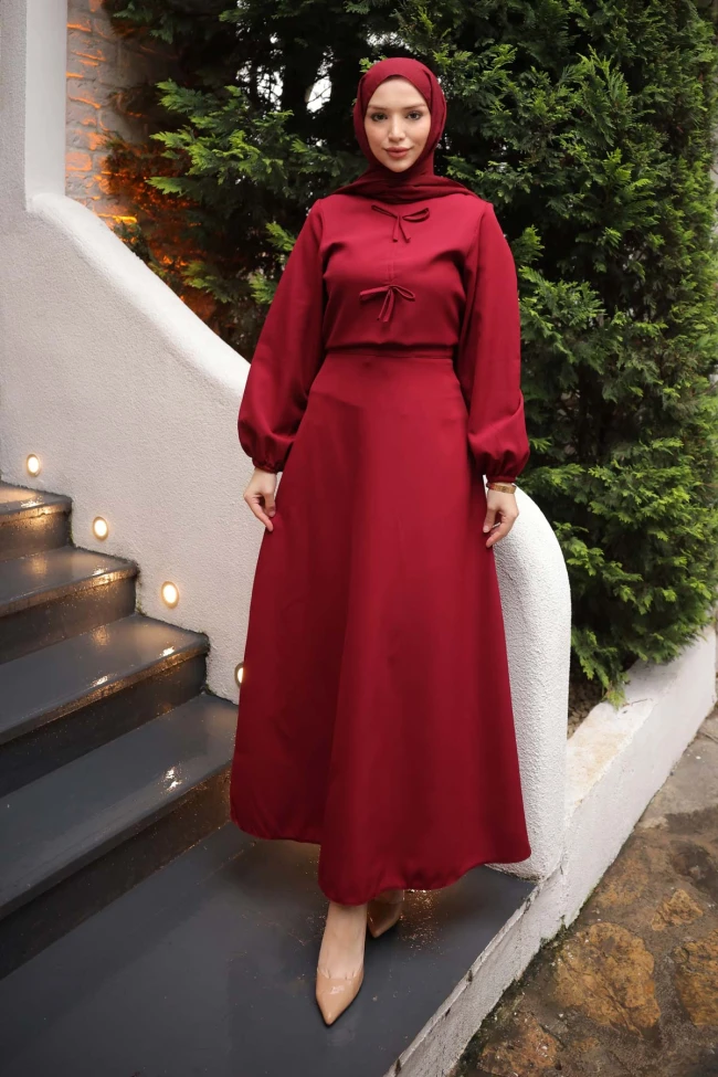 Bordo Önü Fiyonklu Krep Bluz Etekli Takım