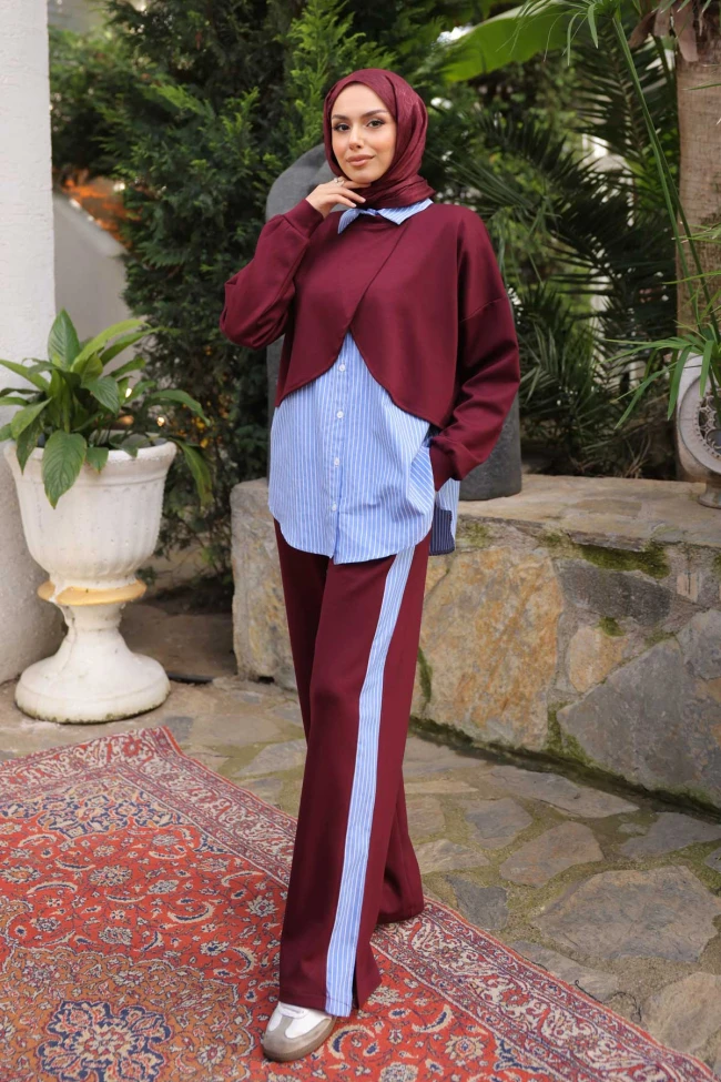 Bordo Pelerin Görünümlü Gömlek Pantolonlu Modal Takım