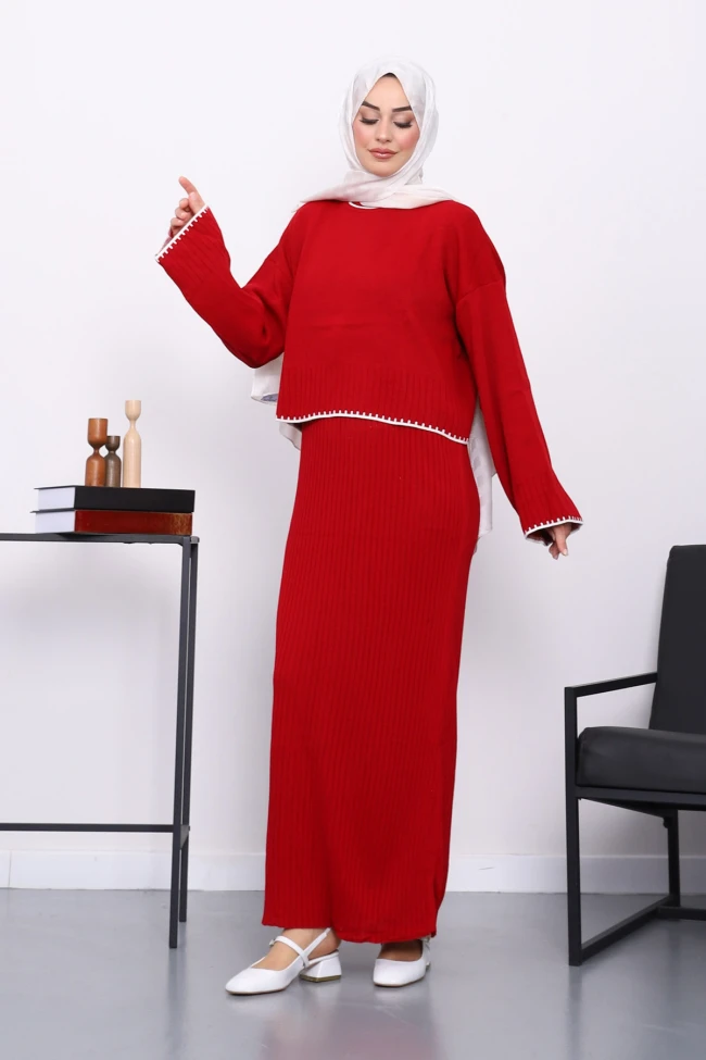 Bordo Triko Crop Elbiseli İkili Takım