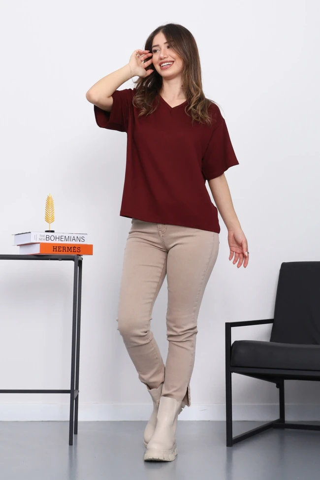 Bordo V Yaka Kısa Kol T-Shirt