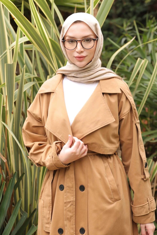 Camel Kruvaze Yaka Astarlı Trençkot