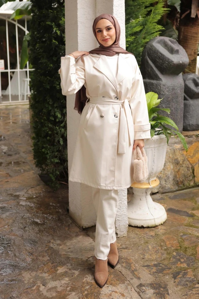Ekru Bel Kuşaklı Düğmeli Trençkot