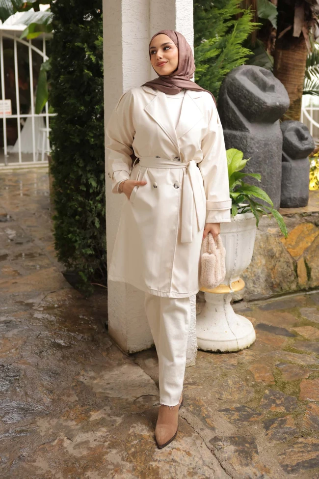 Ekru Bel Kuşaklı Düğmeli Trençkot