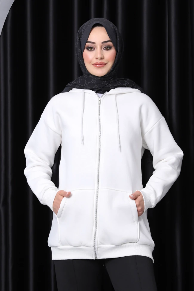 Ekru Kapşonlu Fermuarlı Üç İplik Cepli Hırka