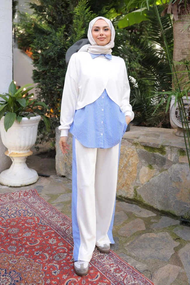 Ekru Pelerin Görünümlü Gömlek Pantolonlu Modal Takım