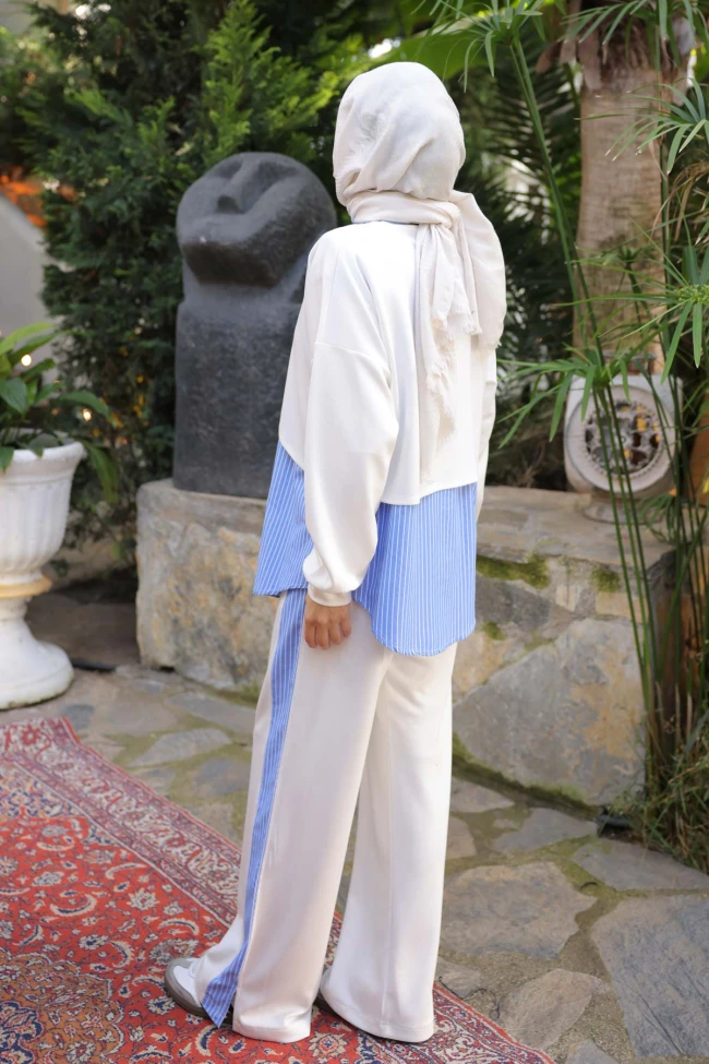 Ekru Pelerin Görünümlü Gömlek Pantolonlu Modal Takım