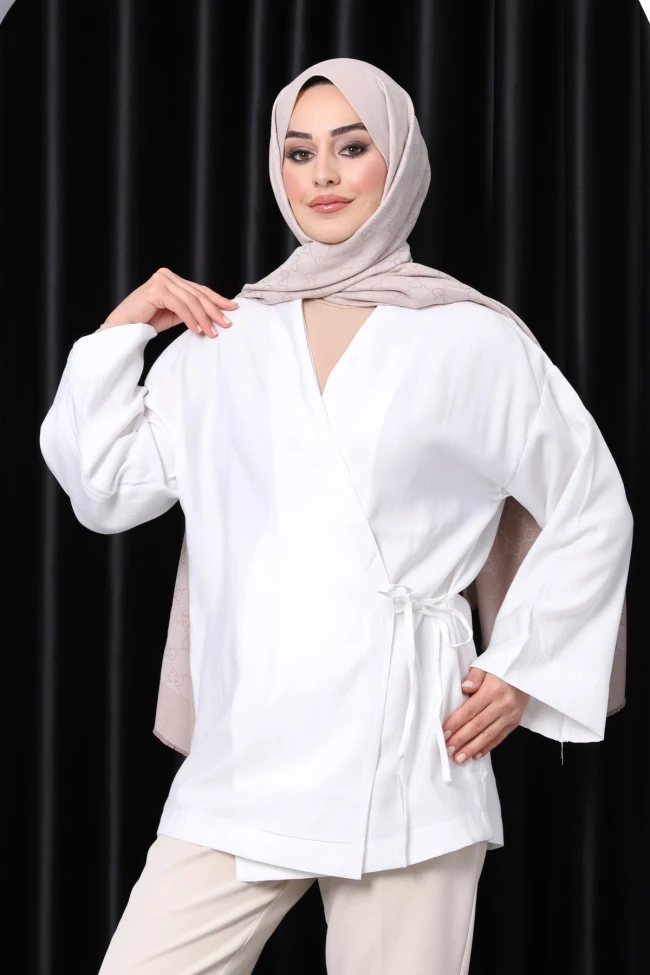 Ekru Yan Bağlamalı Keten Kimono