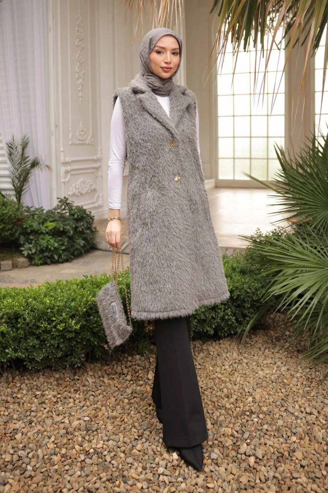 Füme Çanta Hadiyeli Angora Pelüş Kürk Yelek