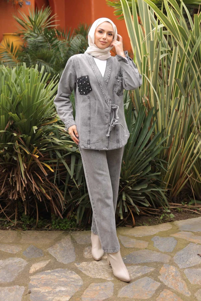 Füme Taş İşlemeli Ceket Pantolonlu Kot Takım