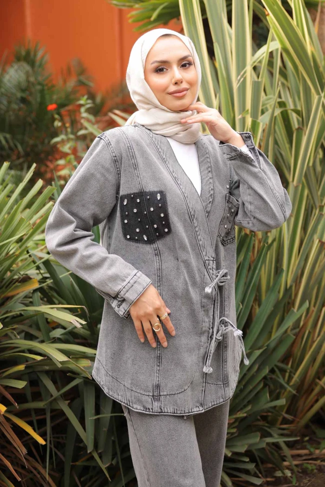 Füme Taş İşlemeli Ceket Pantolonlu Kot Takım