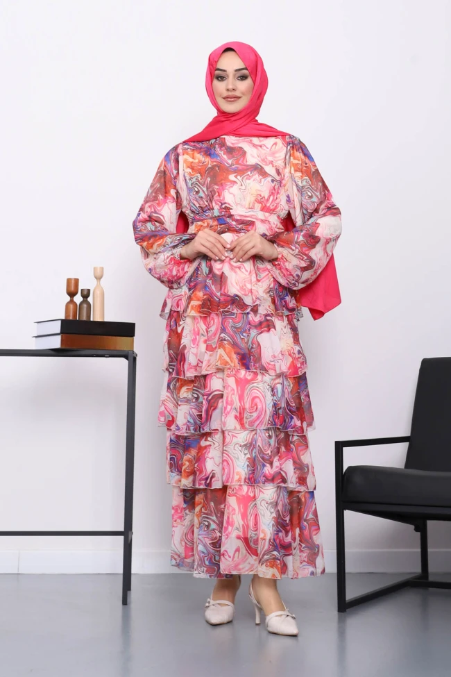 Fuşya Desenli Katlı Şifon Elbise