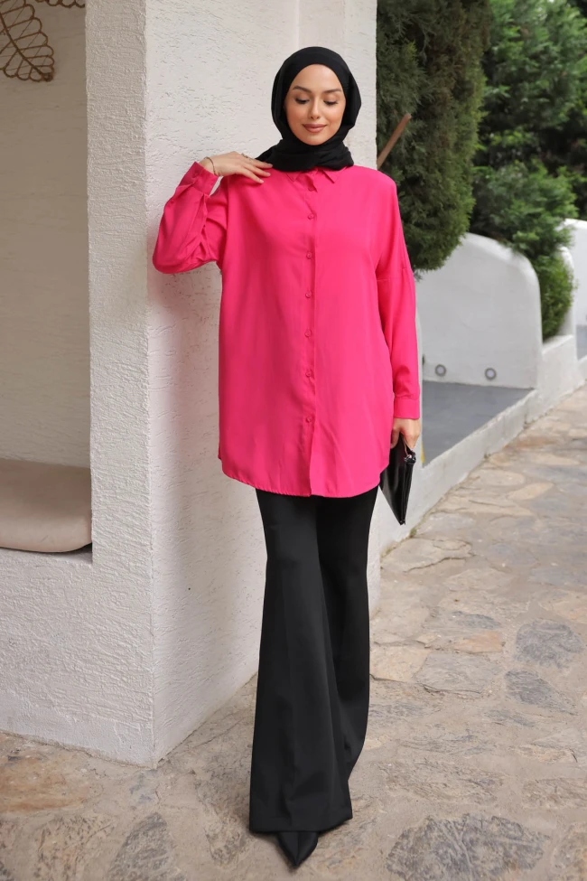 Fuşya Düz Terikoton Salaş Gömlek