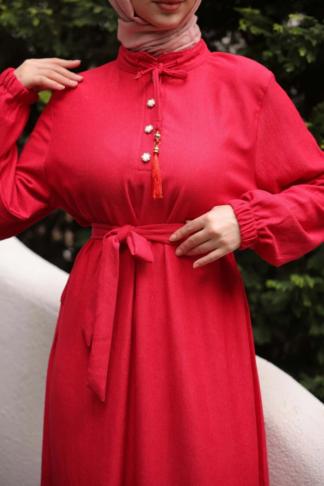 Fuşya Kuşaklı Kol Lastikli Fitilli Elbise