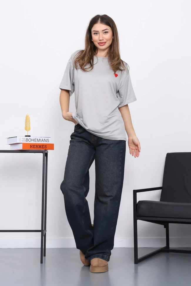 Gri Nakışlı Kısa Kol Modal T-Shirt