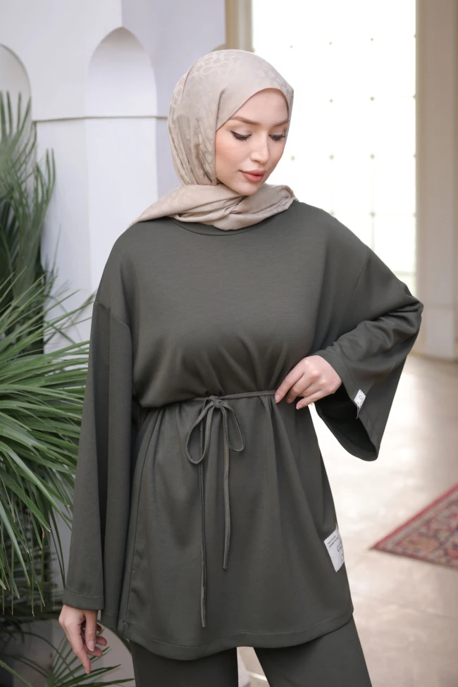 Haki Armalı Tunik Pantolonlu Modal Takım