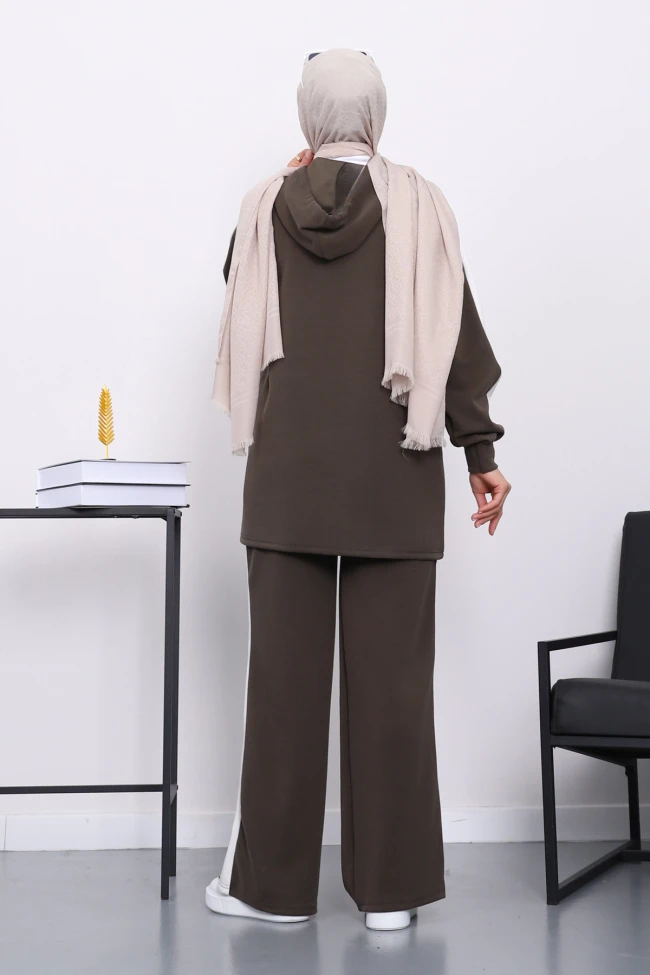 Haki Kapüşonlu Renk Bloklu Tunik Pantolonlu Takım