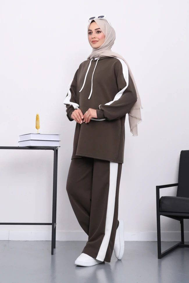 Haki Kapüşonlu Renk Bloklu Tunik Pantolonlu Takım