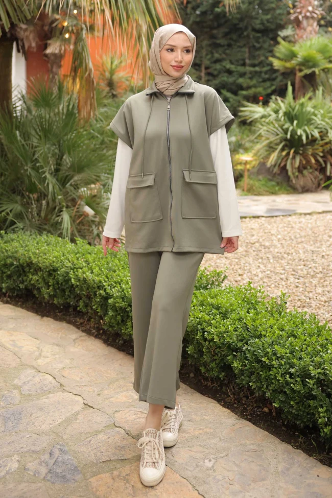 Haki Scuba Yelek Pantolonlu Üçlü Takım
