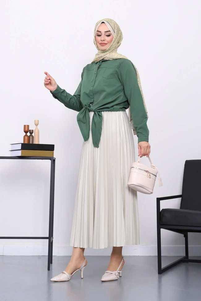 Haki Tek Cepli Ön Bağlamalı Gömlek