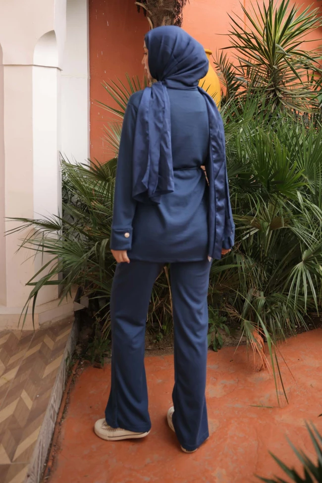 İndigo Fitilli Bel Bağlamalıı Tunik Pantolonlu Takım