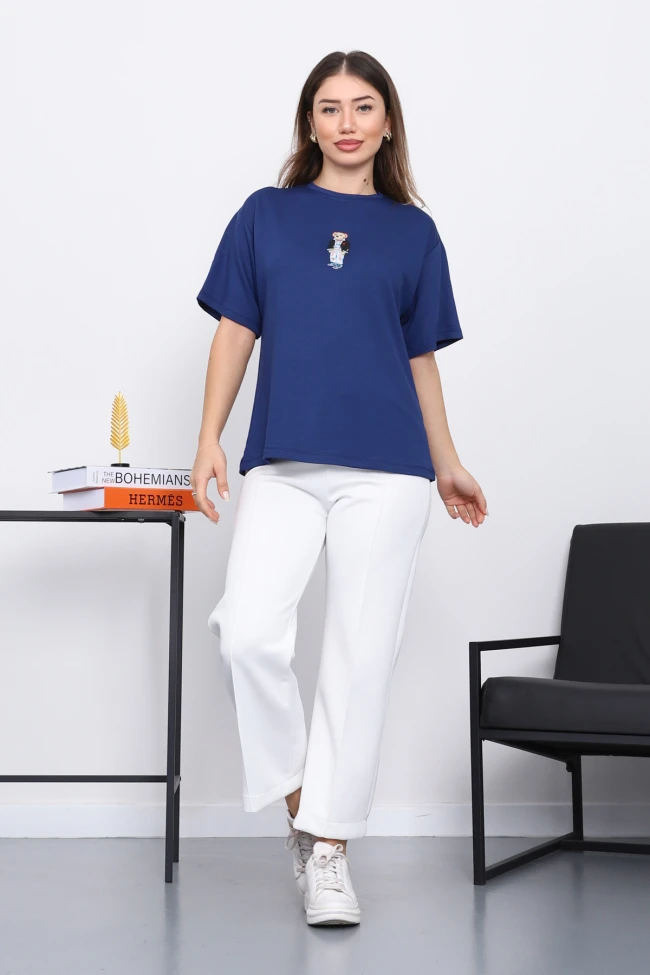 İndigo Nakışlı Modal Kısa Kol  T-Shirt