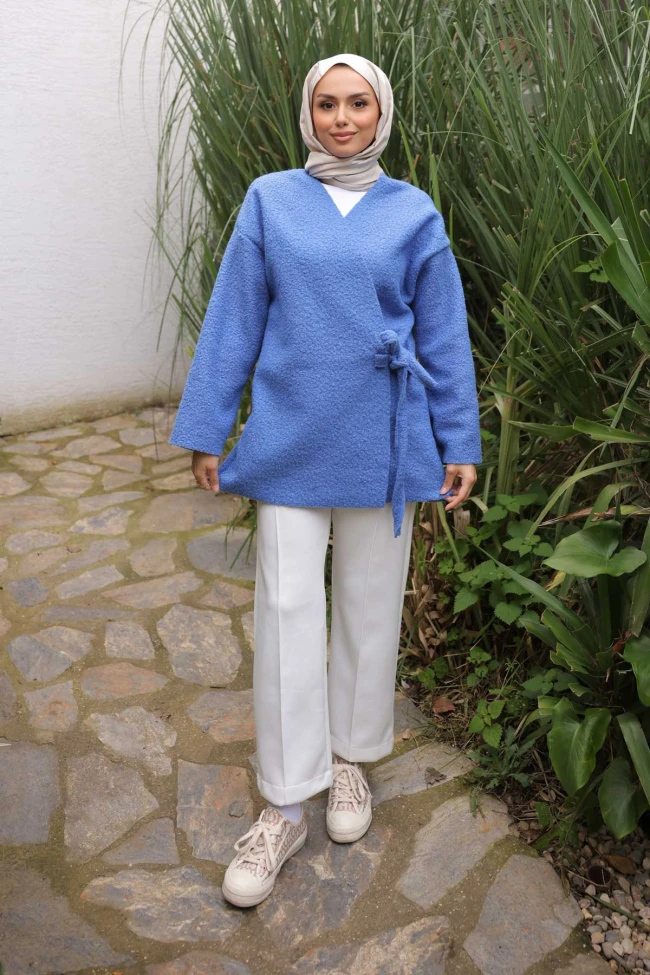 İndigo Yan Bağlamalı Buklet Kimono Ceket