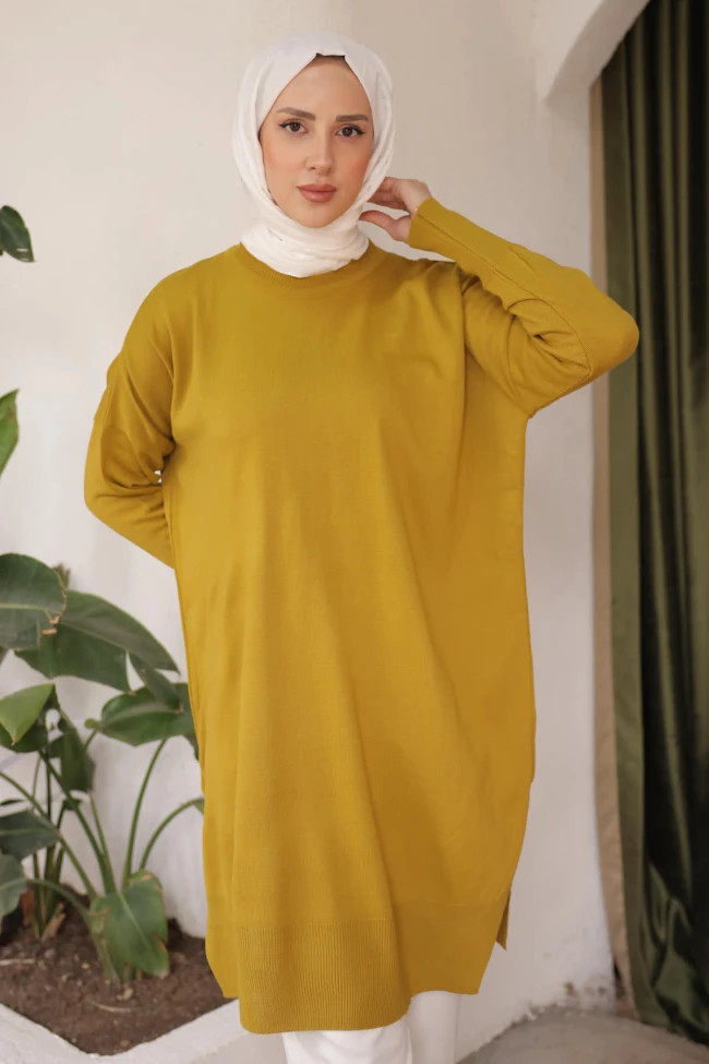 K. Yağyeşili Salaş Kalıp Uzun Boy Triko Tunik