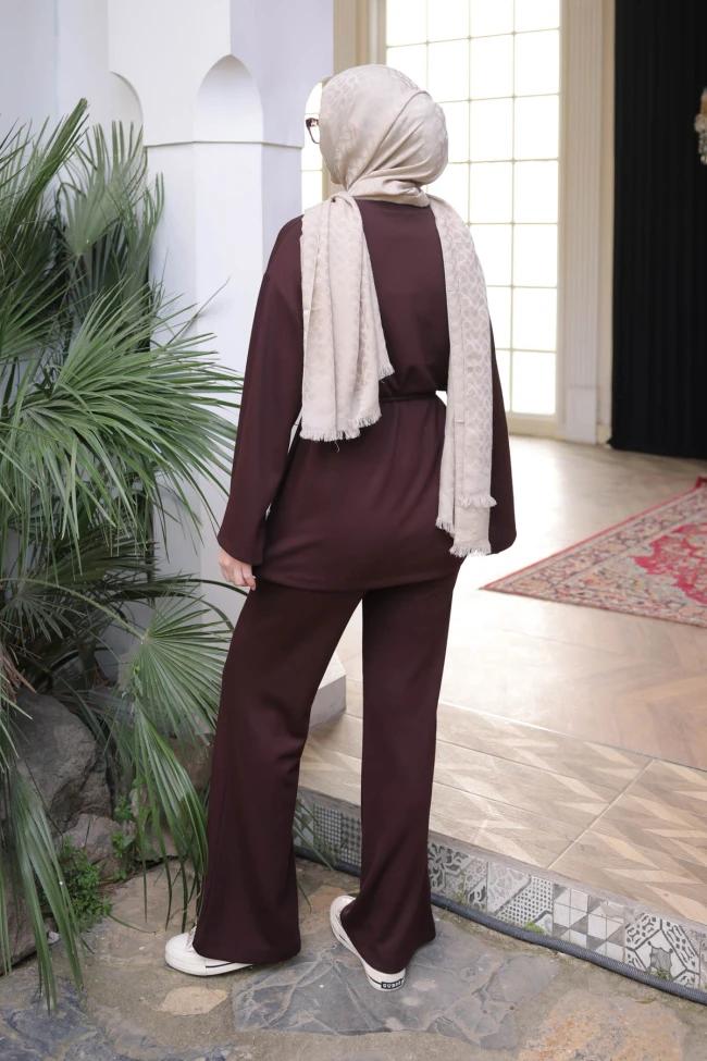 Kahverengi Armalı Tunik Pantolonlu Modal Takım