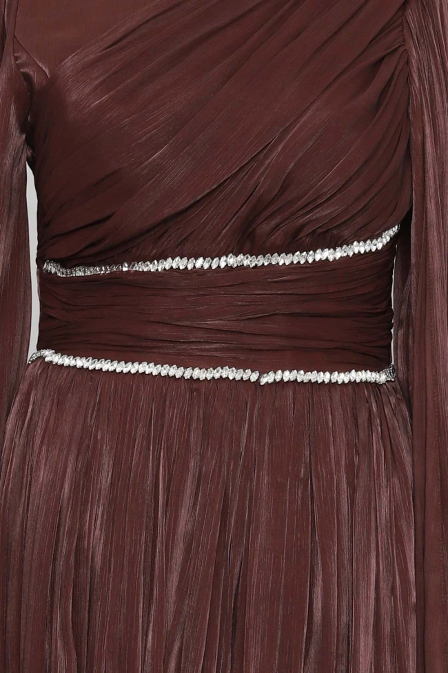 Kahverengi Bel Büzgülü Taşlı Abiye